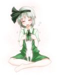  barefoot bow cat hair_bow heart indian_style konpaku_youmu short_hair silver_hair sitting smile takorice touhou 