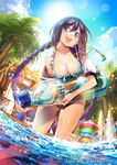  :d bent_over bikini bottle braid breasts carrying cleavage collarbone company_name copyright_name fisheye front-tie_top green_eyes hair_ornament large_breasts long_hair looking_at_viewer low_twintails navel official_art open_mouth palm_tree pop_kyun purple_hair ramune_(tenka_touitsu_chronicle) smile solo swimsuit tenka_touitsu_chronicle tree twin_braids twintails wading watermark 