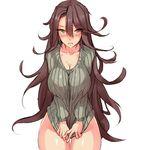  blush breasts brown_hair cleavage clothes_tug curly_hair gundam gundam_00 large_breasts long_hair looking_at_viewer naked_sweater no_panties noccu non-web_source ribbed_sweater solo sumeragi_lee_noriega sweater sweater_tug thigh_gap very_long_hair yellow_eyes 