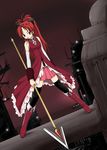  akiran_(r32) bare_shoulders black_legwear boots detached_sleeves dutch_angle food highres knee_boots long_hair magical_girl mahou_shoujo_madoka_magica mouth_hold pocky polearm ponytail red_eyes red_hair sakura_kyouko solo spear thighhighs weapon 