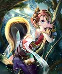  animal_ears blue_eyes brown_hair hair_ornament highres looking_at_viewer object_hug shingoku_no_valhalla_gate sho_(runatic_moon) short_hair smile solo squirrel_ears squirrel_tail tail tree_branch 