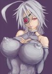  ahoge alternate_breast_size blazblue bodysuit breast_suppress breasts bridal_gauntlets covered_nipples eyepatch hands_on_own_chest huge_ahoge huge_breasts huge_nipples impossible_clothes lips lipstick makeup nontan_(nontanexx) nu-13 purple_background purple_lipstick red_eyes revision silver_hair simple_background solo 