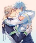  arms_around_neck arms_around_waist bad_id bad_pixiv_id blonde_hair blue_hair bridge_piercing couple dramatical_murder eyebrow_piercing grin gui jacket labret_piercing male_focus multiple_boys necktie noiz_(dramatical_murder) piercing seragaki_aoba smile yaoi 