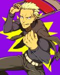  blonde_hair chair gakuran grey_eyes jacket jacket_on_shoulders jewelry necklace nose_piercing persona persona_4 persona_4:_the_ultimate_in_mayonaka_arena persona_4:_the_ultimax_ultra_suplex_hold piercing sami_(object_dump) scar school_uniform short_hair smile tatsumi_kanji 