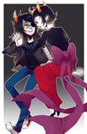  black_hair bow eyepatch fangs glasses glowing grey_skin holding_hands homestuck horns jacket kanaya_maryam lipstick long_hair long_skirt makeup mechanical_arm multiple_girls sharp_teeth short_hair skirt smile teeth troll_(homestuck) vriska_serket waltza yellow_sclera 