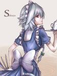  apron back bad_id bad_pixiv_id bow braid character_name cowboy_shot cup hair_bow holding izayoi_sakuya knife lips looking_back maid maid_apron maid_headdress plate re_(re_09) red_eyes saucer short_hair silver_hair solo teacup teapot touhou 