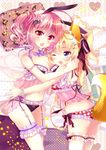  :o ;d animal_ears babydoll blonde_hair blue_eyes bow bra breasts bunny_ears cleavage fox_ears fox_tail frilled_bra frilled_panties frills garter_belt garters hair_bow hair_ornament hair_ribbon hug ichiyou_moka long_hair medium_breasts midriff multiple_girls navel one_eye_closed open_mouth original panties pink_eyes pink_hair plaid plaid_bra plaid_panties ribbon side_ponytail smile tail underwear veil white_legwear 