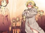  774_(nanashi) blonde_hair blush breasts clenched_teeth crowd drill_hair embarrassed exhibitionism huge_breasts mahou_shoujo_madoka_magica multiple_girls nervous nose_blush sweat sweatdrop teeth tomoe_mami trench_coat twin_drills twintails yellow_eyes 