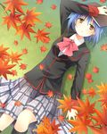 blazer blue_hair book bow bowtie brown_eyes grass hand_on_own_head jacket leaf little_busters! looking_at_viewer lying nishizono_mio parted_lips pink_bow plaid plaid_skirt pleated_skirt satou_aoi school_uniform short_hair skirt solo 
