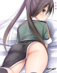 ass black_hair chestnut_mouth from_behind haryuu_(poetto) kantai_collection long_hair looking_at_viewer lying no_panties open_mouth pelvic_curtain remodel_(kantai_collection) solo tone_(kantai_collection) twintails yellow_eyes 