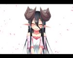  ^_^ bare_shoulders black_hair blush brown_hair closed_eyes dragon_girl dragon_horns dream_demon eyebrows_visible_through_hair facing_viewer hair_between_eyes horned_girl_(dream_demon) horns letterboxed long_hair original parted_lips petals pointy_ears smile solo upper_body 