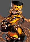  :d black_legwear blonde_hair blue_eyes cowboy_shot crossed_arms fingerless_gloves gloves grey_background guilty_gear guilty_gear_xrd hat long_hair long_sleeves looking_at_viewer millia_rage open_mouth orange_hat pantyhose simple_background smile solo unizama very_long_hair 