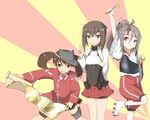  :q arm_up ball_(minicake) blush brown_eyes brown_hair brown_skirt clenched_hands flat_chest fork grey_hair hachimaki headband headgear japanese_clothes kantai_collection kariginu leg_up long_hair long_sleeves magatama multiple_girls muneate omelet pleated_skirt ponytail red_skirt ryuujou_(kantai_collection) sandals scroll short_hair shorts skirt smile socks taihou_(kantai_collection) tamagoyaki tongue tongue_out triangle_mouth twintails v visor_cap zuihou_(kantai_collection) 