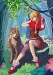  ahoge big_bad_wolf_(grimm) blonde_hair braid day forest highres little_red_riding_hood little_red_riding_hood_(grimm) mary_janes nature outdoors shoes single_braid sitting sketch skirt solo wolf yukiyo_(otca202) 
