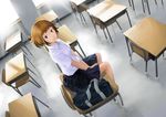  bag bangs black_eyes blunt_bangs brown_hair chair classroom desk dutch_angle highres hitori_(htr_t) on_desk original school_desk school_uniform short_hair sitting sitting_on_desk skirt solo 