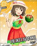  ;d artist_request bracelet brown_eyes brown_hair card_(medium) character_name food_print food_themed_clothes hat idolmaster idolmaster_cinderella_girls jewelry namiki_meiko official_art one_eye_closed open_mouth orange_background ribbon-trimmed_clothes ribbon_trim smile solo sun_(symbol) watermelon_print 