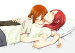  bad_id bad_pixiv_id blush brown_hair casual closed_eyes couple inuzuka_bouru kousaka_honoka long_hair love_live! love_live!_school_idol_project lying lying_on_person multiple_girls nishikino_maki older pillow red_hair shirt sleeping t-shirt yuri 