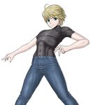  abs ahoge androgynous bad_id bad_pixiv_id blonde_hair blue_eyes denim eleonore_kliesen genderswap genderswap_(ftm) jeans jet_(angelravishment) male_focus pants shirt skin_tight smile solo t-shirt tekken 