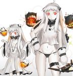  age_switch ahoge aircraft airplane black_panties breasts cleavage flat_chest groin hand_on_hip height_difference horns kakeku kantai_collection long_hair looking_at_viewer machinery midway_hime mittens multiple_girls navel northern_ocean_hime older oversized_clothes panties red_eyes shinkaisei-kan side-tie_panties smile underwear white_skin younger 