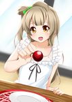  bad_perspective brown_eyes brown_hair casual cherry feeding food fruit long_hair love_live! love_live!_school_idol_project minami_kotori plate pov tsukasa_0913 