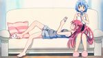  bad_id bad_pixiv_id barefoot blue_eyes blue_hair casual cellphone couch highres lap_pillow long_hair lying mahou_shoujo_madoka_magica manga_(object) miki_sayaka multiple_girls phone piroaki ponytail reading red_eyes red_hair sakura_kyouko short_hair slippers wallpaper 