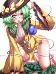  arm_support blouse blue_eyes blush eyeball finger_to_headwear frilled_sleeves frills green_eyes green_panties hat hat_ribbon heart heart_of_string highres kneeling komeiji_koishi leaning_forward long_sleeves looking_at_viewer mouth_hold multicolored multicolored_eyes panties pink_panties ribbon simple_background skirt skirt_pull solo striped striped_panties third_eye touhou underwear white_background zan_(harukahime) 