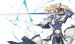  belt blonde_hair blue_eyes buckle electricity fingerless_gloves fingernails gloves guilty_gear guilty_gear_xrd hair_between_eyes highres holding holding_sword holding_weapon ky_kiske long_hair long_sleeves looking_to_the_side male_focus min_(minyinr) ponytail solo spiked_hair standing sword weapon white_background 