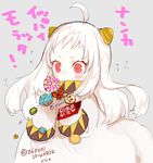  ahoge alternate_color candy chocolate cookie doughnut flying_sweatdrops food horns kantai_collection lollipop long_hair merueto mittens northern_ocean_hime pale_skin red_eyes shinkaisei-kan solo translated white_hair 