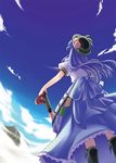  back blue_hair cloud day food from_behind fruit hat hinanawi_tenshi leaf long_hair looking_up mikagami_hiyori peach sky solo sword sword_of_hisou touhou weapon wind 