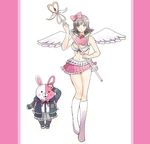  blush bow breasts cleavage cosplay costume_switch danganronpa feathered_wings flipped_hair hair_bow hair_ornament hairclip heterochromia hood hoodie medium_breasts midriff mm-mb monomi_(danganronpa) monomi_(danganronpa)_(cosplay) nanami_chiaki nanami_chiaki_(cosplay) pink_hair purple_eyes revealing_clothes super_danganronpa_2 thighhighs wand wings 