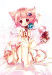 :3 :d animal_ears barefoot bed_sheet cat_ears cat_tail choker dress hair_ornament hikanyan long_hair looking_at_viewer open_mouth original paw_pose pink_eyes pink_hair ribbon_choker sitting smile solo sparkle tail yellow_dress 