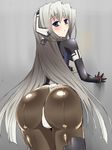  1girl against_wall android armor ass bent_over blue_eyes blush bodysuit boots from_behind horizon_ariadust huge_ass kyoukaisenjou_no_horizon long_hair looking_at_viewer looking_back pantyhose shiny shiny_clothes silver_hair thigh_boots thighhighs thong thong_leotard uguisu_(happy_turn) very_long_hair 