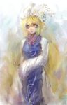  blonde_hair faux_traditional_media fox_tail hat hiepita_(1014) highres looking_at_viewer multiple_tails solo tail touhou yakumo_ran yellow_eyes 