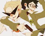  arm_support black_hair blonde_hair buck_teeth closed_eyes dirk_strider glasses gun handgun homestuck jacket jake_english male_focus multiple_boys open_mouth smile sunglasses waltza weapon 