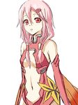  bare_shoulders breasts center_opening cleavage detached_sleeves elbow_gloves gloves guilty_crown hair_ornament hairclip heikichi highres long_hair looking_at_viewer navel pink_hair red_eyes small_breasts solo twintails yuzuriha_inori 