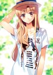  asuna_(sao) brown_eyes brown_hair casual hat hoshi_ichi long_hair shirt smile sword_art_online t-shirt 