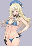  atago_(kantai_collection) bad_link bikini black_gloves blonde_hair blue_eyes breasts gloves hat kantai_collection large_breasts long_hair looking_at_viewer matsuryuu one_eye_closed open_mouth side-tie_bikini solo swimsuit 