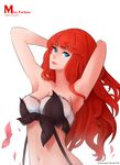  armpits arms_behind_head blue_eyes breasts highres large_breasts league_of_legends lipstick long_hair looking_at_viewer makeup midriff navel no_hat no_headwear petals red_hair sarah_fortune saramande simple_background solo strapless tubetop white_background 