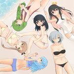  ahoge akigumo_(kantai_collection) aqua_eyes ball_(minicake) bandeau bangs bare_shoulders barefoot beach bikini black_eyes black_hair blue_bikini blunt_bangs blush braid breasts brown_hair cleavage crossed_arms from_above green_hair grin hair_bun hair_ornament hair_over_one_eye hairclip hamakaze_(kantai_collection) holding_legs kantai_collection large_breasts long_hair looking_at_viewer lying medium_breasts multicolored_hair multiple_girls naganami_(kantai_collection) navel on_back on_side on_stomach one-piece_swimsuit ponytail purple_bikini purple_eyes school_swimsuit short_hair silver_hair single_braid slingshot_swimsuit small_breasts smile swimsuit two-tone_hair urakaze_(kantai_collection) ushio_(kantai_collection) wavy_mouth white_bikini white_legwear white_school_swimsuit white_swimsuit yuugumo_(kantai_collection) 