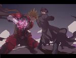  bad_id bad_pixiv_id battle black_hair blonde_hair bodysuit duel dust_cloud fighting_stance glowing glowing_hand inuhiko_(istdog) kazama_jin lars_alexandersson long_coat multiple_boys ninja short_hair spiked_hair tekken torn_clothes 