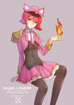  animal_ears annie_hastur fire green_eyes hat highres league_of_legends looking_at_viewer magic necktie parted_lips pink_hair saramande sitting solo teenage thighhighs 