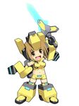  armor armored_boots beam_saber blush_stickers boots brown_eyes brown_hair chibi cosmic_break hand_on_hip headgear midriff official_art rei_(cosmic_break) smile solo sword wakaba weapon 