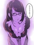  bad_id bad_pixiv_id breasts cleavage glasses kamishiro_rize leaning_forward lips long_hair looking_at_viewer medium_breasts monochrome semi-rimless_eyewear simple_background solo tamaki_(gmsk0141) tokyo_ghoul translated under-rim_eyewear v_arms 