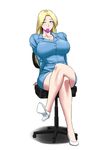  bare_legs blonde_hair blue_eyes breasts condom condom_in_mouth copyright_request crossed_legs formal high_heels highres jacket large_breasts legs ml mouth_hold one_eye_closed pencil_skirt simple_background sitting skirt skirt_suit solo suit teacher white_background 