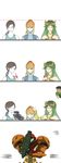  3girls 4koma arm_cannon black_hair blonde_hair blue_eyes blush boxing_gloves comic directional_arrow expressionless green_hair height_chart height_conscious highres kid_icarus kid_icarus_uprising little_mac metroid motoji_(hamayarawa) multiple_girls palutena petting ponytail punch-out!! samus_aran sleeveless smile super_smash_bros. weapon white_eyes white_skin wii_fit wii_fit_trainer 