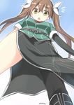  absurdres brown_eyes brown_hair from_below hair_ribbon highres kantai_collection long_hair looking_at_viewer open_mouth pelvic_curtain remodel_(kantai_collection) ribbon ryuki_(ryukisukune) solo tone_(kantai_collection) twintails white_ribbon 