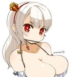  breasts cleavage crown dated hairband key large_breasts lock long_hair looking_at_viewer mini_crown mota mouth_hold original red_eyes simple_background solo white_background white_hair 