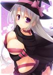  absurdres ayachi_nene belt beltbra blush border bow breasts cleavage collar hat heart highres large_breasts long_hair looking_at_viewer outline outside_border purple_eyes sanoba_witch silver_hair smile solo star starry_background white_border witch_hat yuzu-soft yuzu_modoki 