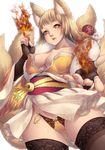  animal_ears bad_id bad_pixiv_id blonde_hair breasts cleavage fingerless_gloves fire flame foreshortening fox_ears fox_tail gloves highres large_breasts long_hair multiple_tails obi original panties sash tail thighhighs underwear yellow_eyes yin-ting_tian 