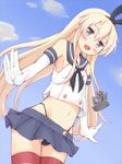  anchor bad_id bad_pixiv_id black_panties blonde_hair blue_skirt blush elbow_gloves gloves grey_eyes hairband kantai_collection long_hair mrisk navel open_mouth panties shimakaze_(kantai_collection) skirt solo thighhighs underwear white_gloves 